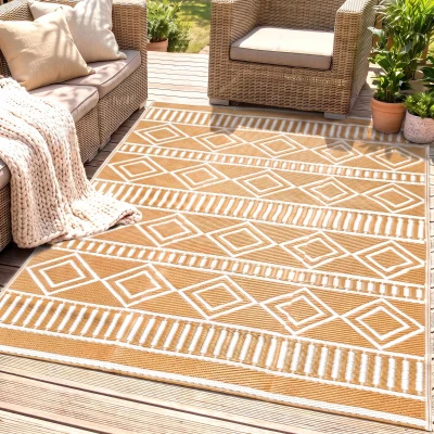 Outsunny Outdoorteppich Terrassenteppich, wetterbeständig, modernes Design, 121 cm x 182 cm x 0,3 cm, Grün + Creme