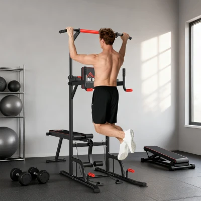 HOMCOM Barra de Dominadas Torre Entrenamiento Energía Power Tower Estación Pull Up Multifuncional Altura Ajustable 181-229 cm con Banco Plegable para Fitness Negro
