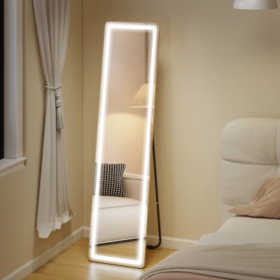 HOMCOM 2 in 1 Ganzkörperspiegel mit LED-Licht, freistehend, wandmontiert, dimmbar, 40 cm x 37 cm x 156,5 cm, Silber