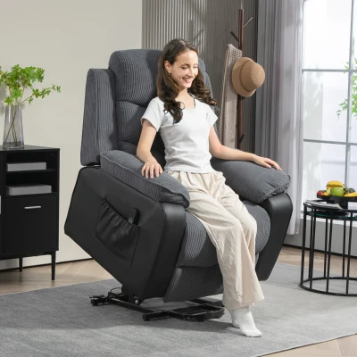 HOMCOM Aufstehsessel mit weichem Cordbezug, Recliner-Sessel mit Fernbedienung und Seitentaschen, Dunkelgrau