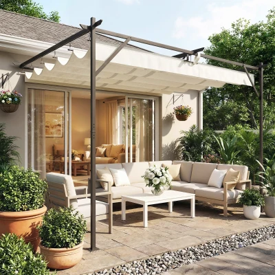 Outsunny Pérgola de Pared de Jardín 4x3 m con Techo Retráctil Protección UPF30+ Drenaje Cenador de Jardín para Exterior Crema