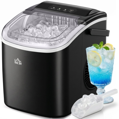 HOMCOM Máquina para Hacer Hielo 12 Kg en 24 Horas 9 Cubitos en 6-12 Minutos Depósito de Agua 1,3 L 22,2x29,4x29 cm Negro