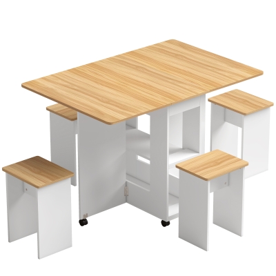 HOMCOM Conjunto de Mesa de Jantar Dobrável com 4 Bancos Ocultos, 2 Abas Rebatíveis, Rodas e Prateleiras, Carvalho