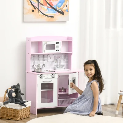 HOMCOM Bucătărie de Jucărie pentru Copii, cu Lumini și Sunete, Dozator Apă, Chiuvetă și Accesorii, MDF, PP, Roz