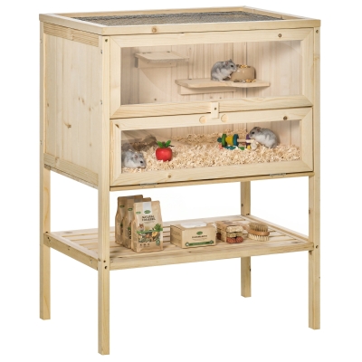 PawHut Gabbia grande per criceti con tetto apribile in legno, 60x40x80 cm