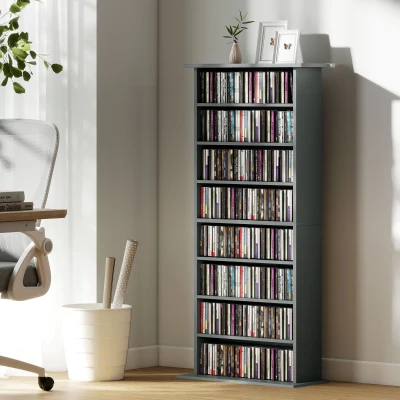 HOMCOM Rangement CD/DVD 8 Compartiments 6 Étagères Réglables Gris