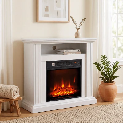 HOMCOM Șemineu Electric 1800 W, Efect flacără cu 3 niveluri de luminozitate, Șemineu fals cu raft, Aspect lemn alb