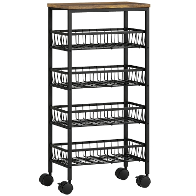 HOMCOM Carrito de Servicio de 4 Niveles con 4 Cestas Extraíbles con Ruedas para Cocina Negro y Marrón Rústico