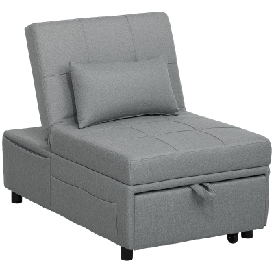 HOMCOM Sillón plegable 3 en 1 con bolsillo lateral, cama de invitados con cojín, respaldo ajustable, sillón cama con ruedas, Gris claro