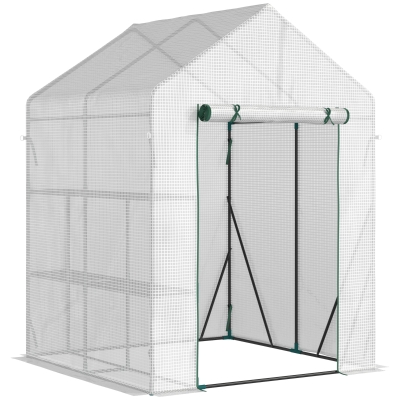 Outsunny kunststof kas met 4 planken en stalen frame, wit, 143 x 143 x 195 cm