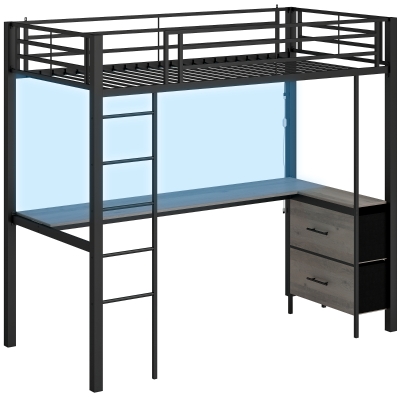 HOMCOM Metal Bunk Bed with Desk, LED, Guardrail, High Sleeper