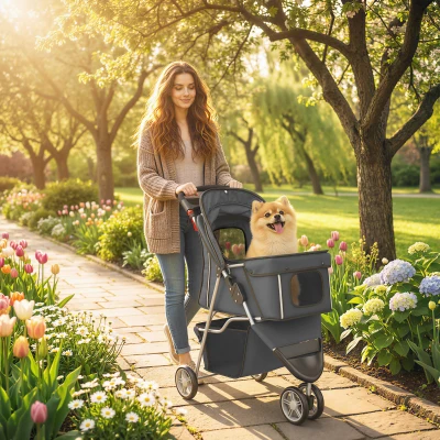 PawHut Carrito para Perros Pequeños con Cesta de Almacenaje Ventanas de Malla y Cinturón de Seguridad 77x44x102 cm Gris Oscuro