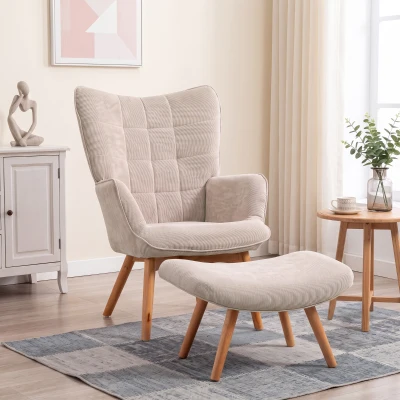 HOMCOM Fauteuil avec repose pied, dossier haut, pieds en bois et tissu aspect velours côtelé, pour salon chambre à coucher beige