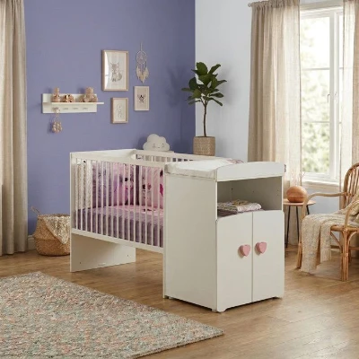 Lit bébé combiné évolutif - BABY PRICE - Basic - Blanc - Bouton coeur rose -60 x 120 cm