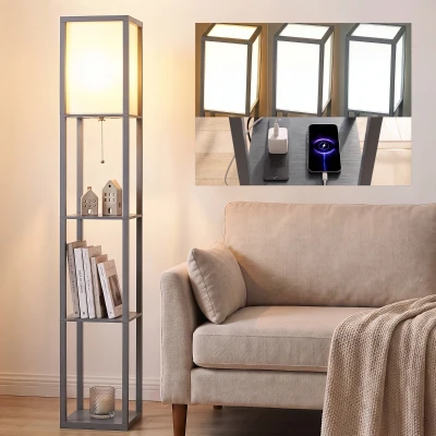 HOMCOM Floor Lamp with 3 Shelves Modern Living Room Grey