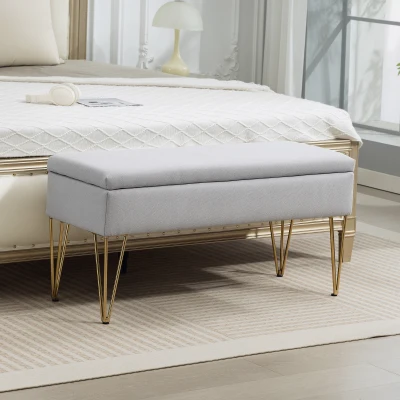 HOMCOM Banco Pie de Cama Tapizado en Lino Sintético con Patas de Acero y Asiento Acolchado Gris Claro