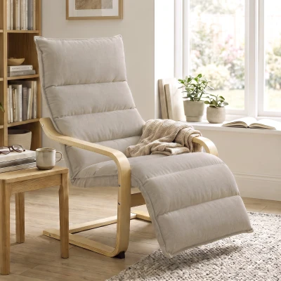 HOMCOM Curved Wooden Accent Armchair Adjustable Footrest Light Brown