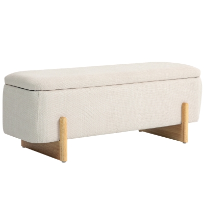 HOMCOM Banc de Rangement, Bout de Lit Rembourré, Charnières de Sécurité, Pieds Forme U en Bois d'Hévéa Stable, Crème