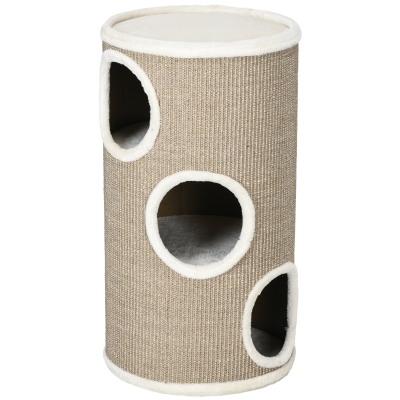 PawHut Tonneau à Gratter pour Chat, Tour à Griffer en Sisal à 3 Niveaux Recouvert de Peluche, Ø 38 x 70 cm, Marron
