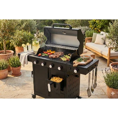 Barbecue a gaz - Cookingbox - Airgrill - 4 brûleurs - Fonction Air Fryer - Cuve en acier - Grilles de cuisson en fonte émaillée
