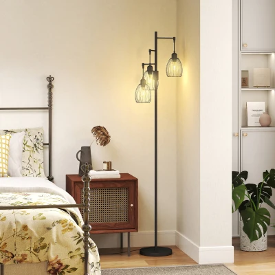 HOMCOM 170cm Industrial 3-Light Dimmable Floor Lamp Black