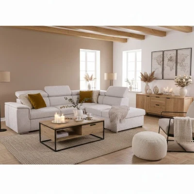 Canapé d'angle convertible réversible - 5 places - DAYTONA - Tissu texturé Beige - Coffre - 260 x 216 x 94 cm