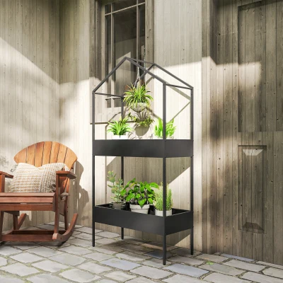 Outsunny 2-Etagen Pflanzenständer in Hausform, 150 cm hoch Blumenständer mit Haken, Metall Schwarz