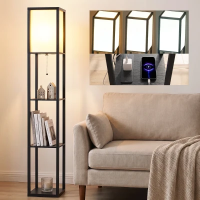 HOMCOM Floor Lamp with Shelves 3-Layer Modern Black