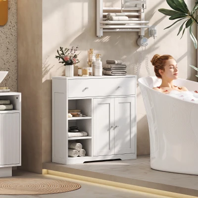 HOMCOM Bathroom Floor Cabinet Drawer Shelves White