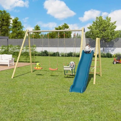 Portique en bois - 3 agres avec toboggan - AMILY - ALEO BY TRIGANO