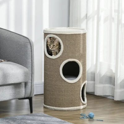 PawHut Tonneau à Gratter pour Chat, Tour à Griffer en Sisal à 3 Niveaux Recouvert de Peluche, Ø 38 x 70 cm, Marron