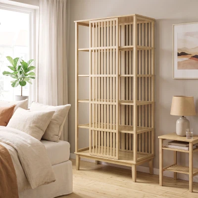 HOMCOM Armoire Bambou 5 Niveaux Porte Coulissante Bois Naturel