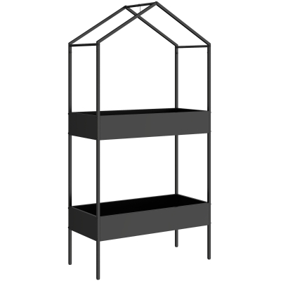 Outsunny 2-Etagen Pflanzenständer in Hausform, 150 cm hoch Blumenständer mit Haken, Metall Schwarz