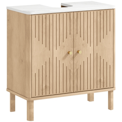 HOMCOM Mueble de lavabo, mueble de baño bajo lavabo estante ajustable encimera efecto mármol 60x30x63cm roble