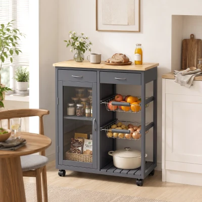 HOMCOM Bamboo Kitchen Trolley Glass Door Adjustable Shelf Grey