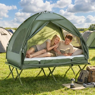 Outsunny Campingzelt-Set für 2 Personen mit Feldbett und Luftmatratze Grün
