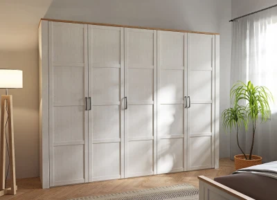 Armoire de chambre - BOHOL - Décor Chene blanchi - 5 portes battantes - L265,6 x P59,6 x H214 cm