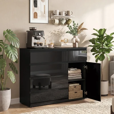 HOMCOM Modernes Sideboard, Stauraum-Sideboard mit 5 Schubladen, verstellbarem Regal, Soft-Close-Tür, Schwarz Hochglanz