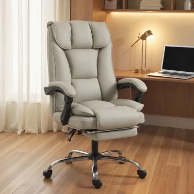 HOMCOM Faux Leather Office Chair Footrest Double Padding Khaki