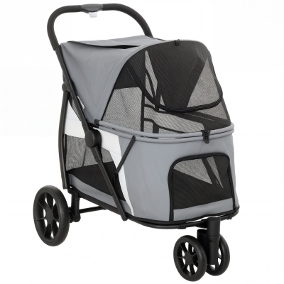 PawHut Hondenwagen inklapbaar huisdierenbuggy met wasbaar kussen, gaasvensters, 3 wielen, voor middelgrote honden tot 20 kg, grijs
