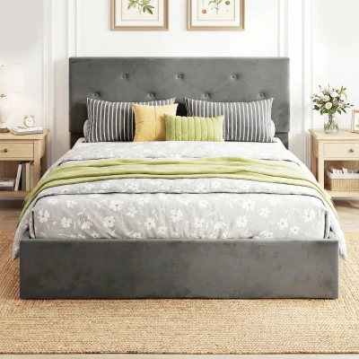 HOMCOM Upholstered Double Bed Gas Lift Storage 140x190cm