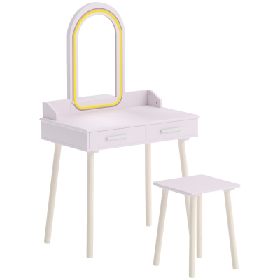 AIYAPLAY Kids Vanity Table Set Stool LED Mirror Drawer Pink