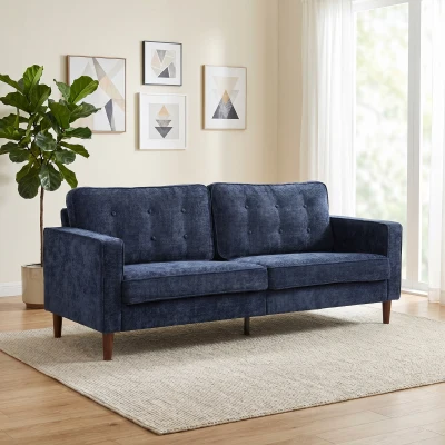 HOMCOM 3-Seater Velvet Sofa Tufted Wood Legs Living Room Dark Blue