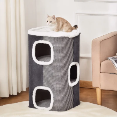 PawHut Tonneau à Gratter pour Chat 3 Niveaux en Peluche et Sisal, 3 Zones, 2 Grands Trous Interconnectés, 40x40x74cm, Gris