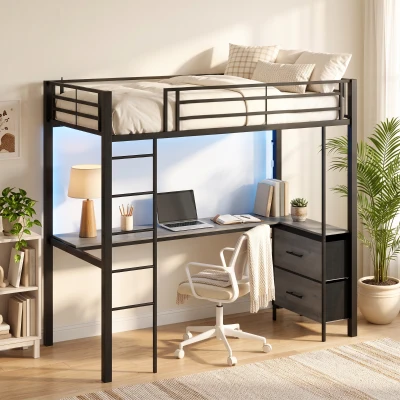 HOMCOM Metal Bunk Bed with Desk, LED, Guardrail, High Sleeper