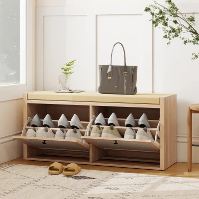 HOMCOM Rattan Shoe Bench 2 Cabinets Padded Cushion Oak
