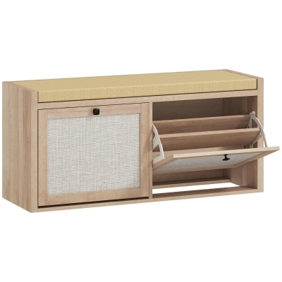 HOMCOM Rattan Shoe Bench 2 Cabinets Padded Cushion Oak