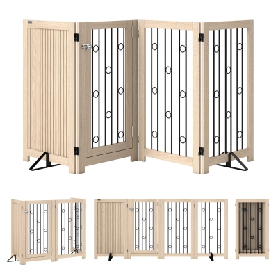 PawHut Freistehendes Haustiertor, Hundegitter mit Tür, 4 Paneele, für Flur, Treppe, Türrahmen, MDF, Stahl