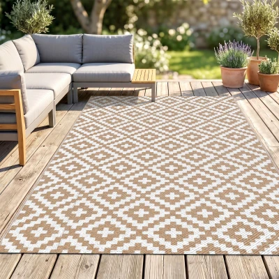 Outsunny Alfombra de Exterior Reversible 182x274 cm con Patrón Geométrico Acabado Impermeable Café y Blanco