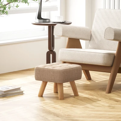 HOMCOM Puf Reposapiés en Tejido Efecto Lino, 27x27x26 cm, Patas de Madera de Caucho, Capacidad Hasta 110 kg, Marrón
